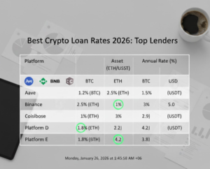 Best Crypto Loan Rates 2026, Crypto Lending Comparison, Binance Loan Rates, Aave Lending APR, Lowest Bitcoin Loan Rates, Crypto Interest Rates 2026, DeFi vs CeFi Loans, Borrow USDT Rates, Ethereum Loan Comparison, Crypto Financial Tools,