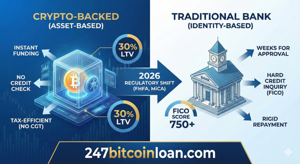 Crypto-Backed Loans vs. Traditional Loans, bitcoin loan vs bank loan, 2026 lending benefits, LTV ratio comparison, tax-efficient liquidity,