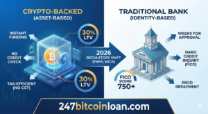 Crypto-Backed Loans vs. Traditional Loans, bitcoin loan vs bank loan, 2026 lending benefits, LTV ratio comparison, tax-efficient liquidity,