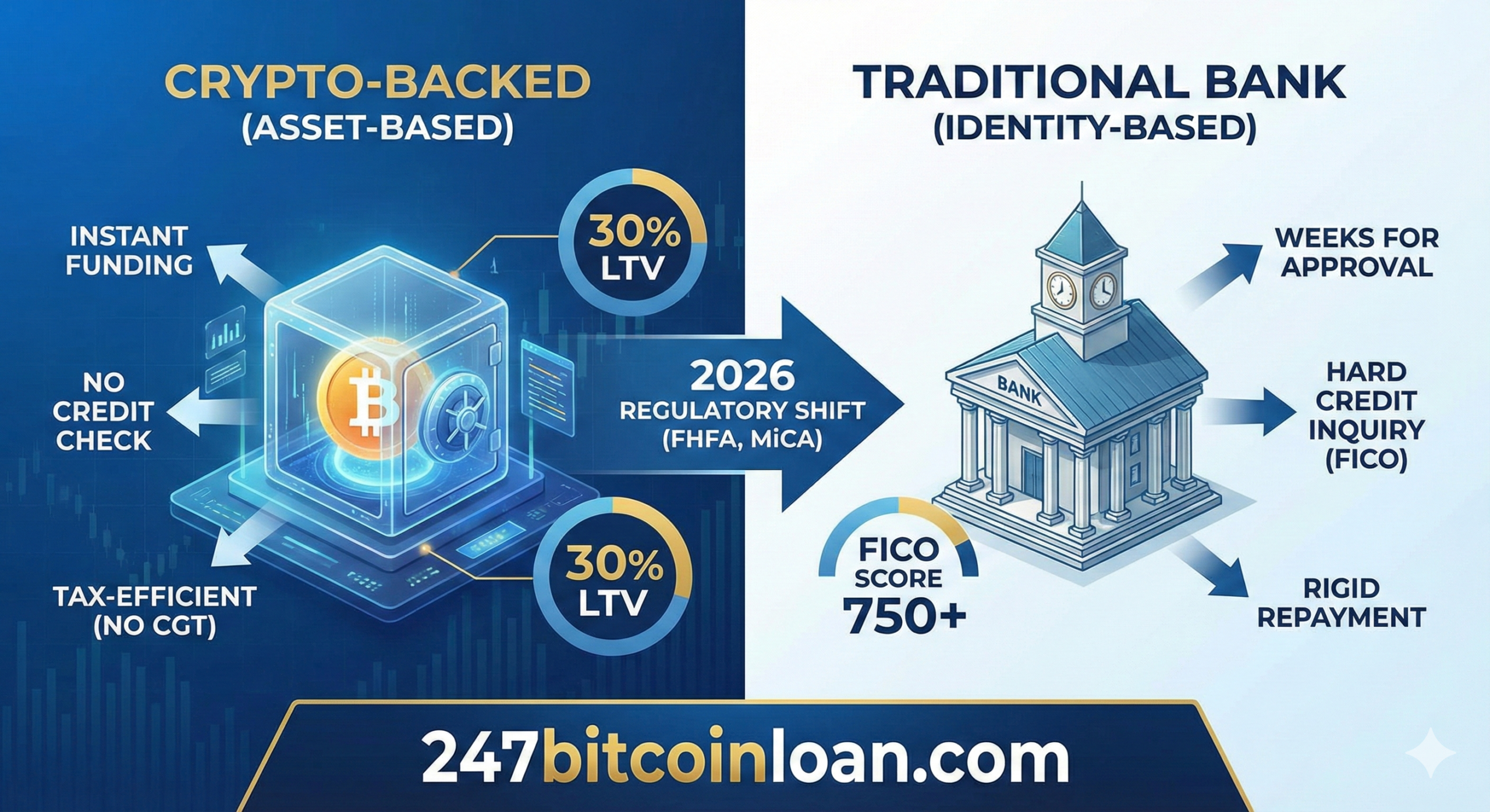 Crypto-Backed Loans vs. Traditional Loans, bitcoin loan vs bank loan, 2026 lending benefits, LTV ratio comparison, tax-efficient liquidity,