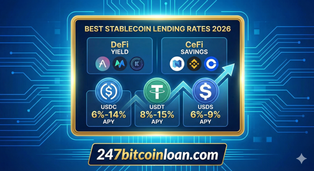 Best Stablecoin Lending Rates, crypto savings rates 2026, USDC lending yield, USDT interest rates, 247bitcoinloan.com,