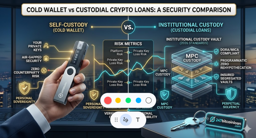 cold wallet vs custodial, crypto loan security, hardware wallet storage, MPC custody 2026, 247bitcoinloan.com, digital asset protection, segregated collateral, rehypothecation risk, private key management, institutional crypto lending, DORA/MiCA compliance, 2026 wealth preservation, secure Bitcoin loans, self-custody risks, private key shards, trustless security models,