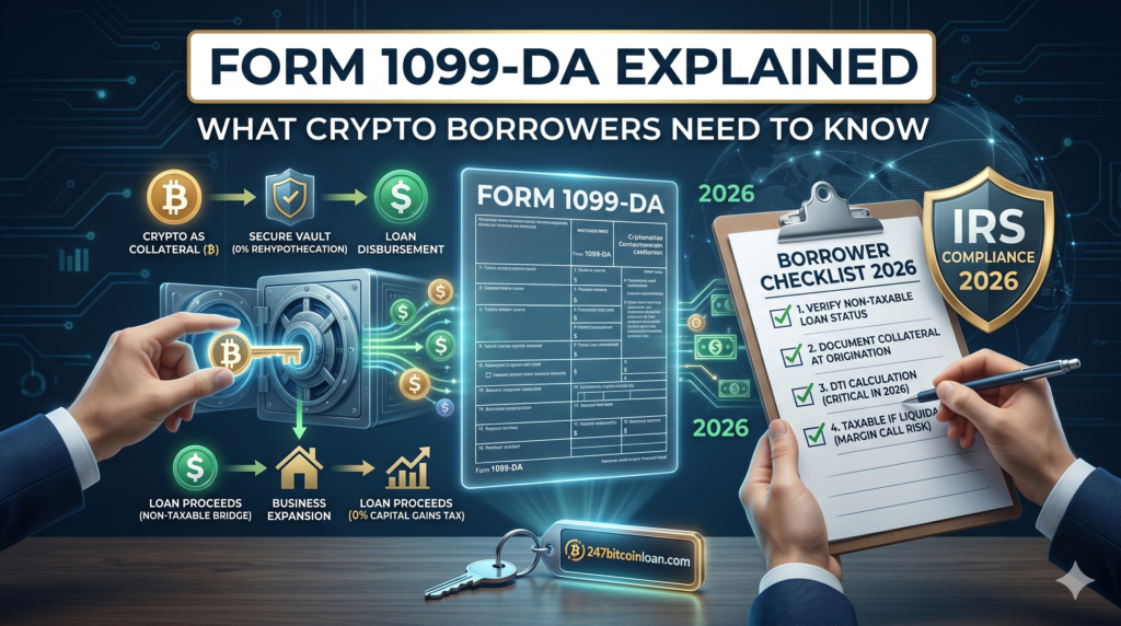 Form 1099-DA, IRS crypto reporting 2026, crypto loan tax rules, digital asset proceeds, 247bitcoinloan.com, crypto borrower tax guide, liquidation tax consequences, cost basis reporting, digital asset broker, crypto tax compliance, non-taxable crypto loans, 2026 tax season, crypto lending regulation, IRS digital asset updates,
