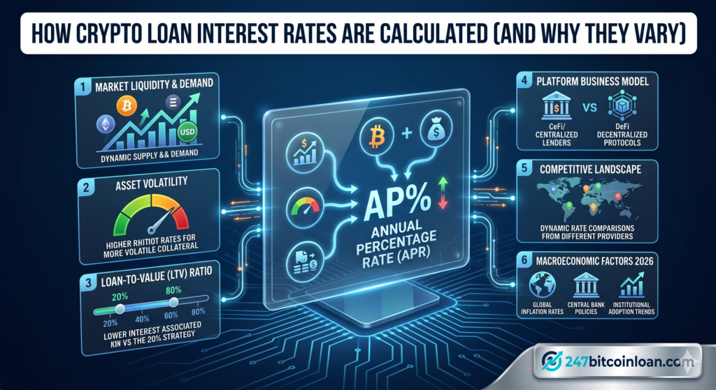 crypto loan rates, APR calculation, interest rate factors, LTV and interest, asset volatility, dynamic lending rates, CeFi vs DeFi lending, 2026 financial analysis, secure borrowing, market liquidity, risk-based pricing, institutional crypto credit, dynamic interest models, 247bitcoinloan.com,