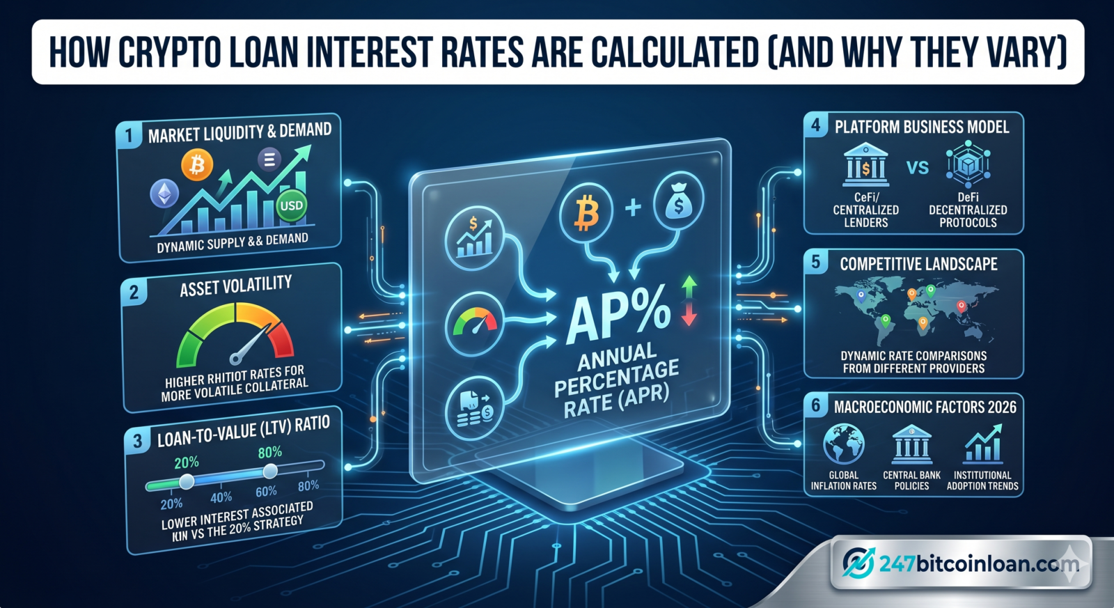 crypto loan rates, APR calculation, interest rate factors, LTV and interest, asset volatility, dynamic lending rates, CeFi vs DeFi lending, 2026 financial analysis, secure borrowing, market liquidity, risk-based pricing, institutional crypto credit, dynamic interest models, 247bitcoinloan.com,